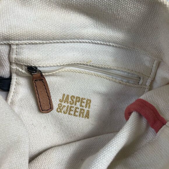 Jasper &Jeera beige canvas tote with multi color beads appliqué &leather straps - Picture 8 of 12